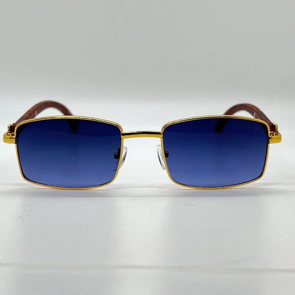 Men Sunglasses Hip Hop Gold Blue Lens Small Retro Designer Rimless Shades Lentes